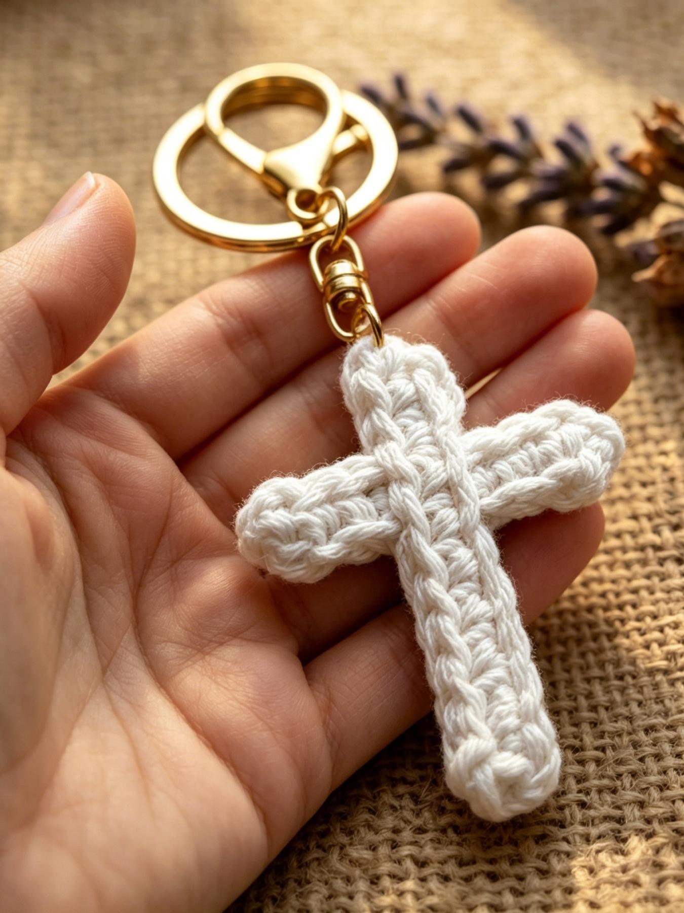 A handmade crocheted cross keychain charm, suitable for everyday wear, vacation dates, and other occasions, and also a delightful little gift that brings surprise.