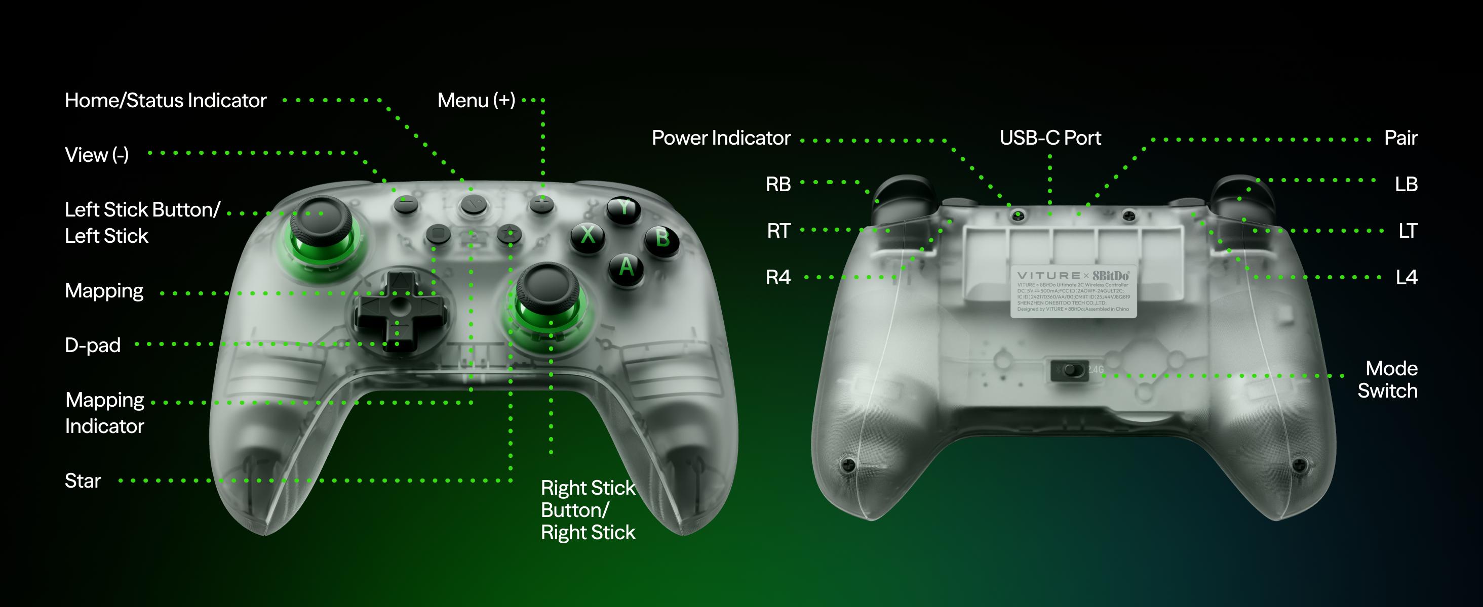 VITURE × 8BitDo Ultimate 2C 3-Mode Wireless Gaming Controller for Neckband, Android & Windows | Xbox Layout | Hall Effect Joysticks | Linear Triggers | L4/R4 Mapping | Wired, Bluetooth & 2.4G