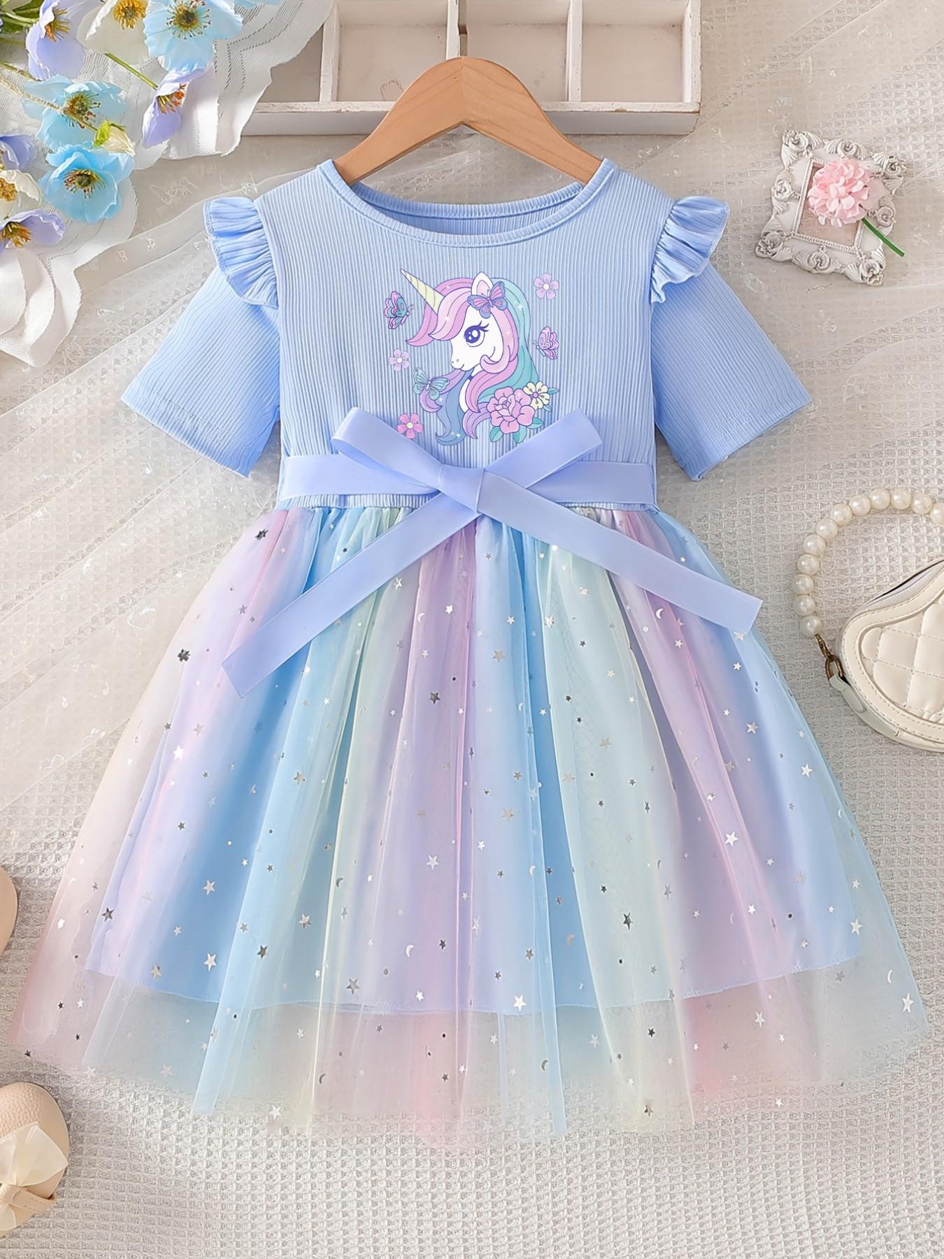 Beautiful Unicorn Print Dress for Girls, Blue Short Sleeve Princess Dress with Silver Color Stars, Casual Fitted Dress for All Seasons