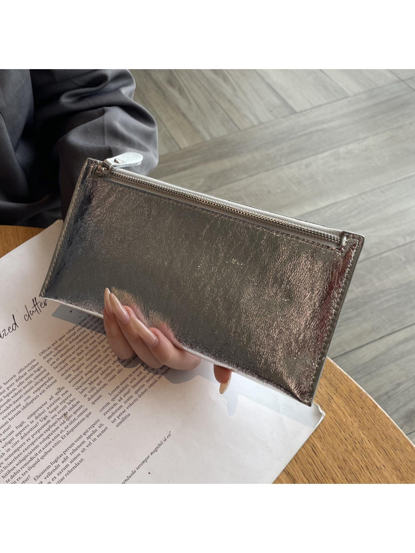 Minimalist Silver Metallic Wallet - Long Slim Zip Clutch Pouch, Versatile Daily Use Card & Coin Holder for Women