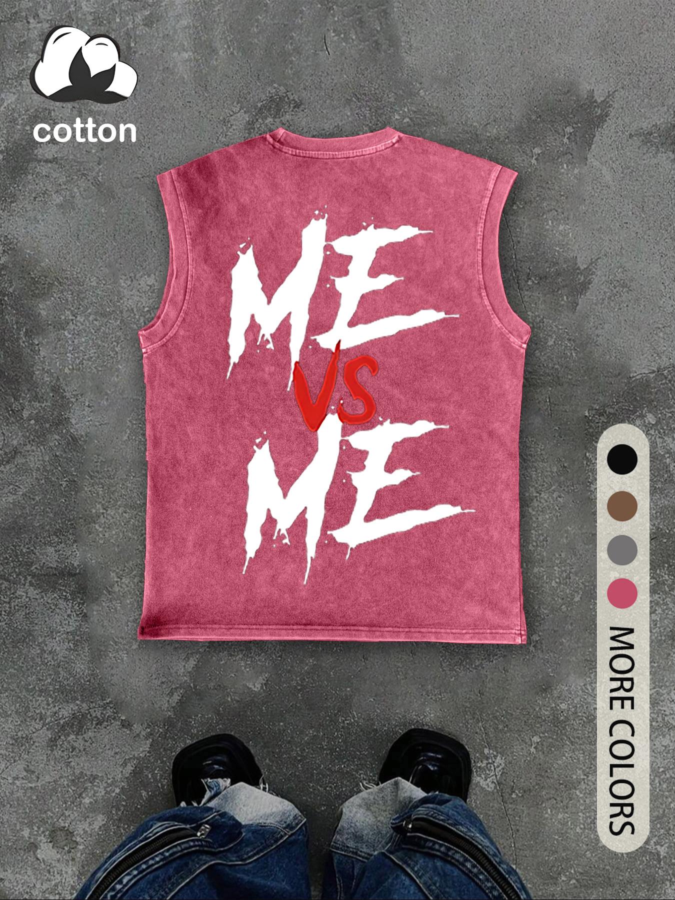 Men's Vintage Distressed "ME VS ME" Print Round Neck Tank Top, Regular Fit Casual Fashion Crew Neck Sleeveless Top for Summer, Men's Clothes for Daily Wear, Socks
