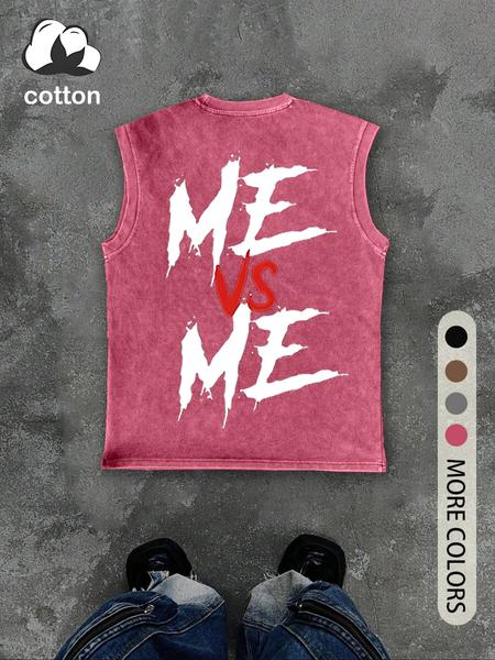 Men's Vintage Distressed "ME VS ME" Print Round Neck Tank Top, Regular Fit Casual Fashion Crew Neck Sleeveless Top for Summer, Men's Clothes for Daily Wear, Socks