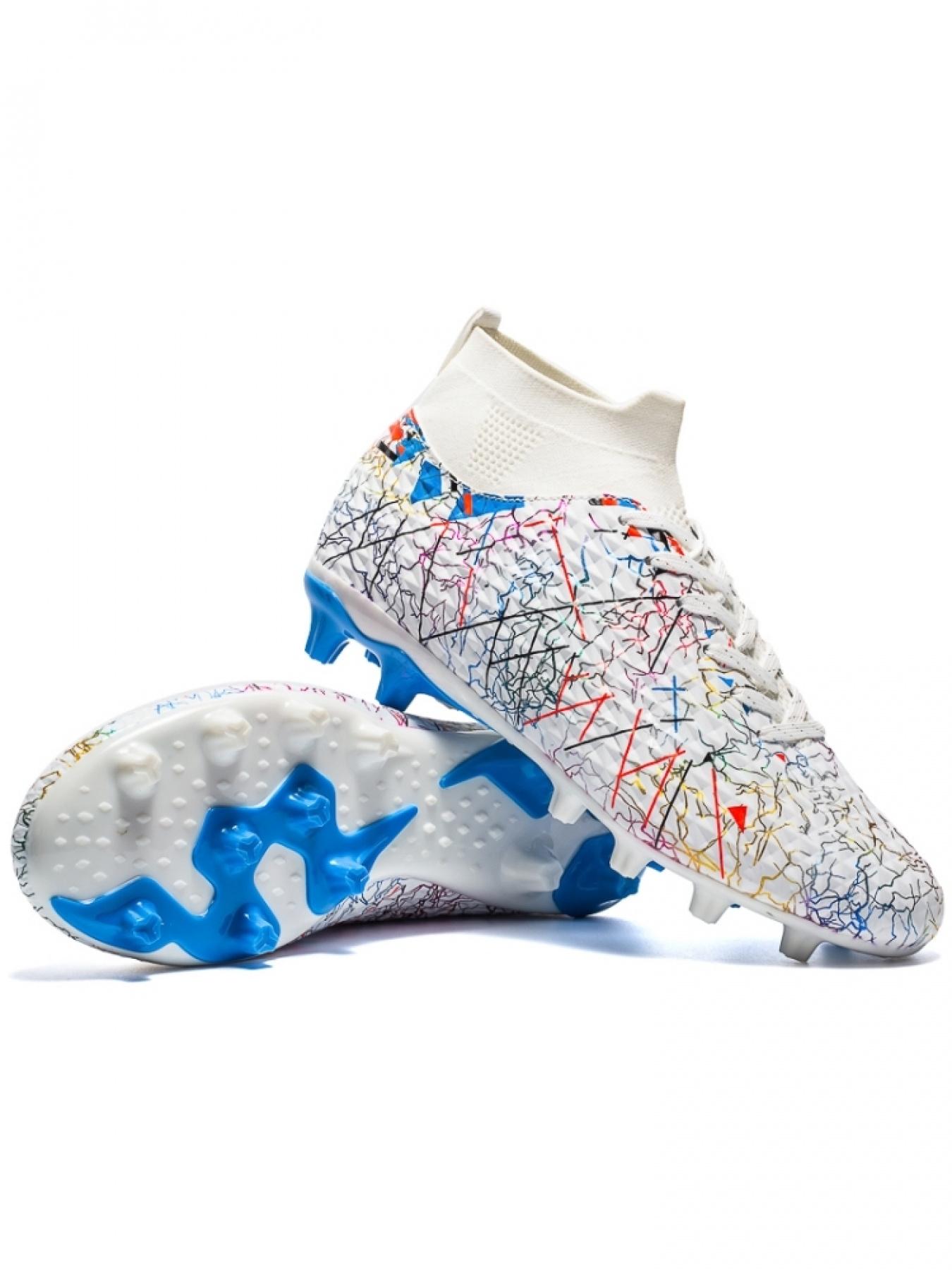 Parent-Child High-Top Football Shoes | White Multicolor Graffiti Design | Breathable Flyknit Upper | Superior Traction | Soft Comfort | Ideal For Family Training & Games | Viral