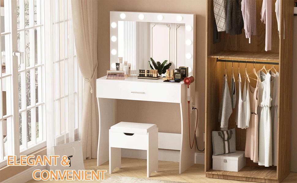 Vabches Vanity Table Set with Lighted Mirror - Makeup Vanity with Charging Station, Large Drawer Sturdy Wood Vanity with Lights, 3 Color Modes, Adjustable Brightness, White