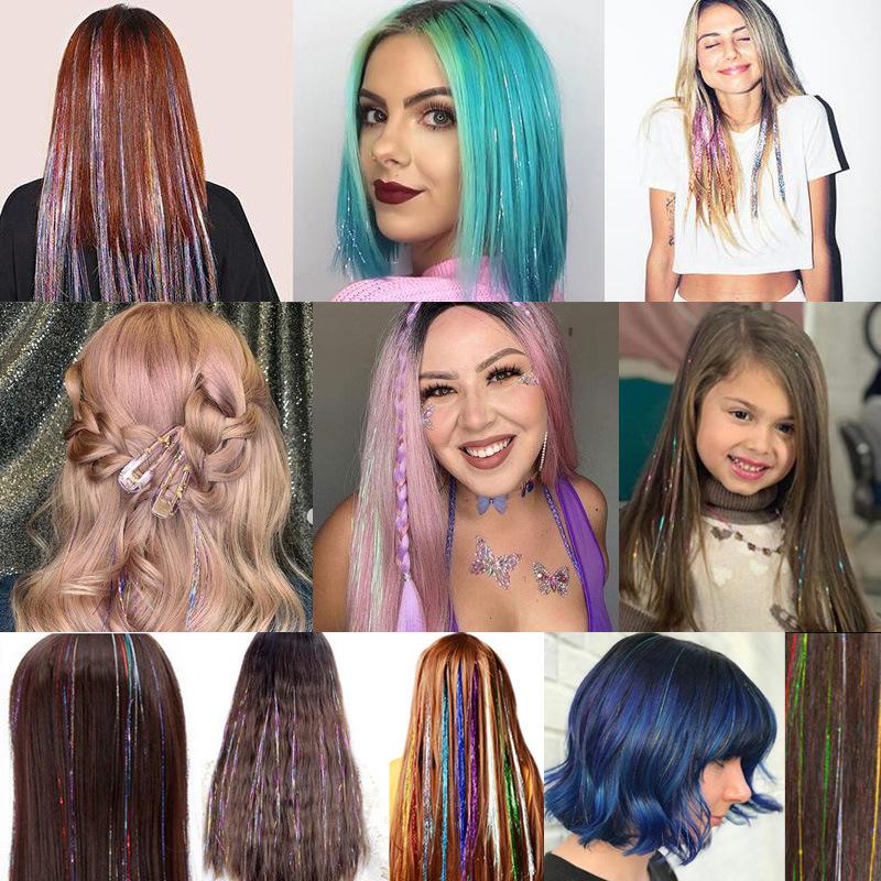 Shiny colorful Tinsel Hair laser gold  and silver shiny metal wire  hair extensions（Tools not included）