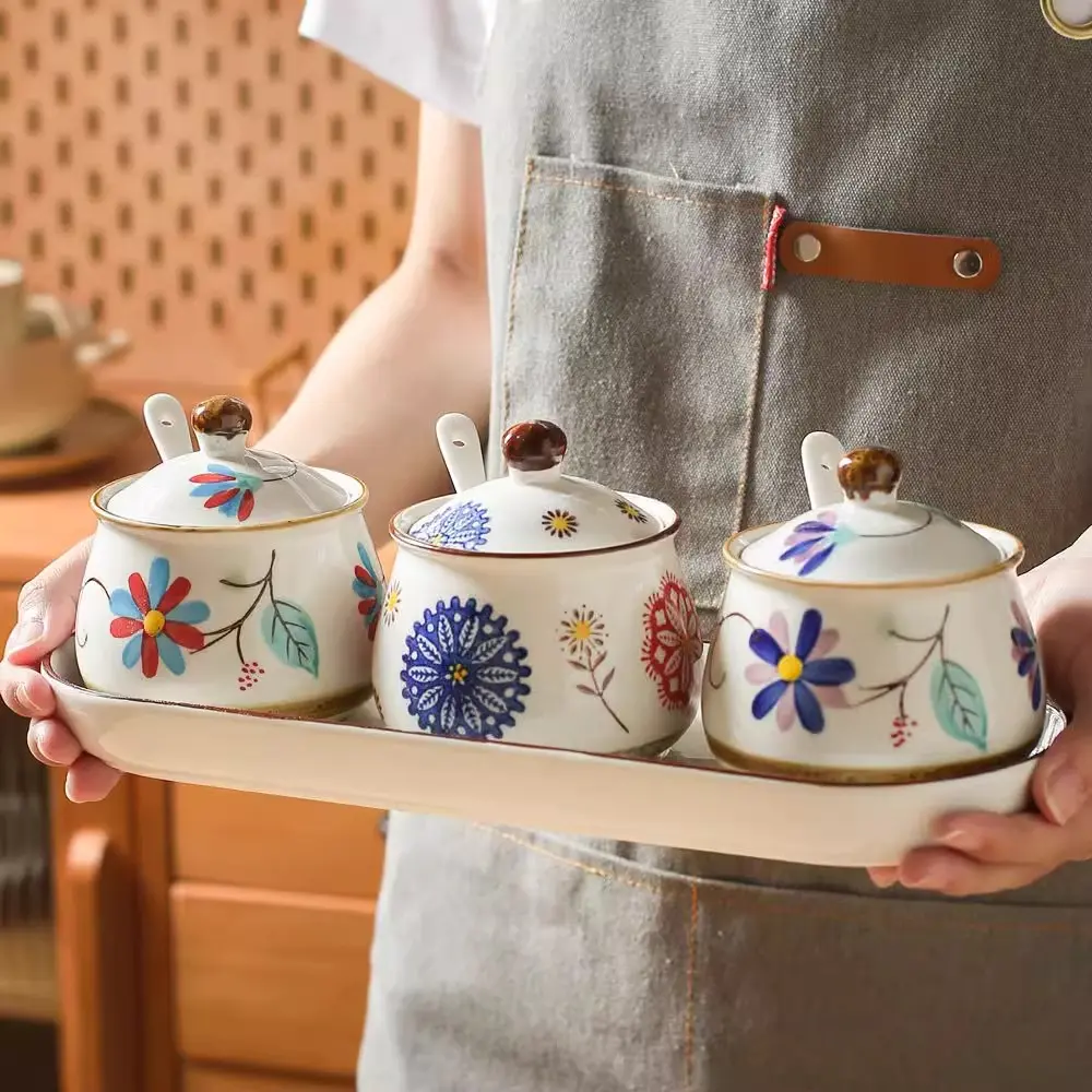 Flower Pattern Seasoning Box, 1 Set Including 3 Counts Seasoning Jar with Lid & 3 Counts Spoon & 1 Count Tray, Kitchen Seasoning Utensils, Canister