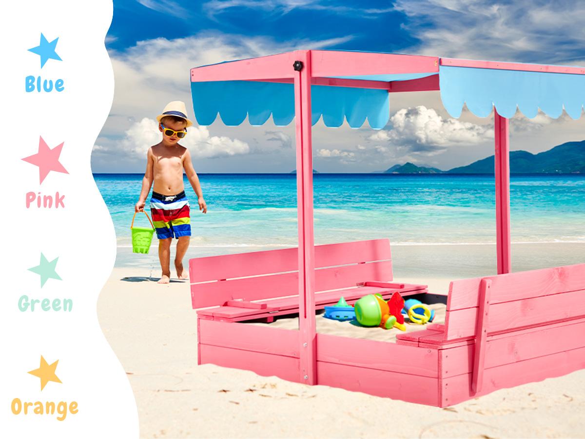 Sandbox with Lid, Kids Sandbox with Cover and Height Adjustable Roof, Outdoor Sandbox with Foldable Bench Seats and Sand Protection Liner for Aged 3-8, Perfect for Backyard Fun , Beach, Lawn Wooden Playtime