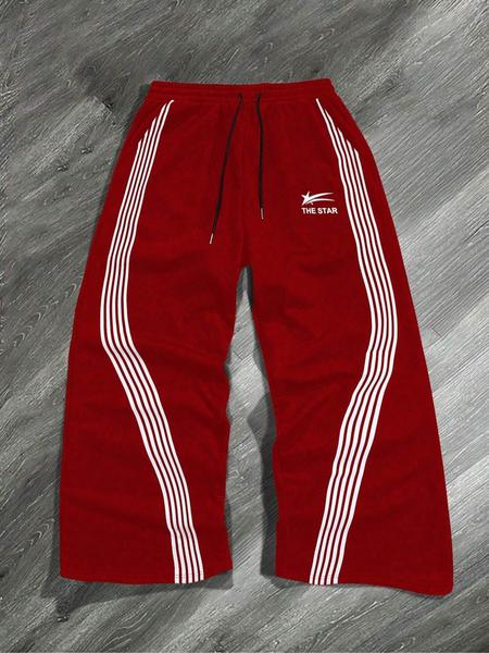 Men's Letter & Star & Striped Print Drawstring Waist Sweatpants, Regular Fit Casual Street Elastic Waist Straight Leg Trousers for Fall & Winter, Sports Casual Pants, Men's Bottoms for Daily Wear