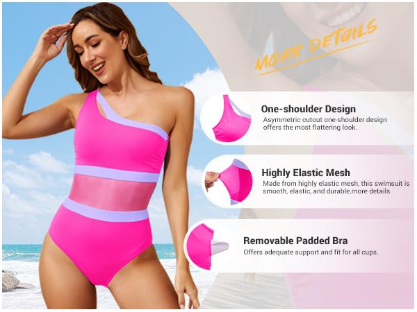 Holipick Women's One Shoulder One Piece Swimsuit Cutout Bathing Suits Mesh Slimming Swimwear for Teen Girls
