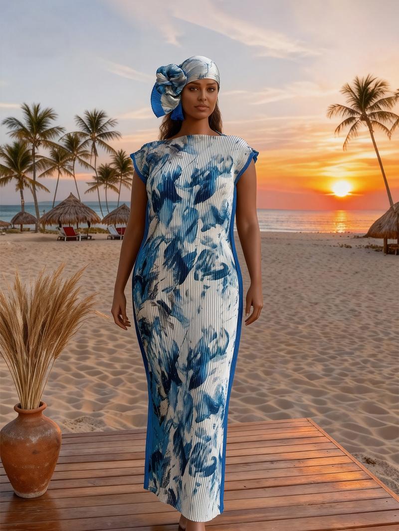 Women's Elegant Animal Print Long Dress Set, Slim-Fitting Moo Moo Skirt & Scarf, Beach Sun Protection Shawl, All Seasons Fashion