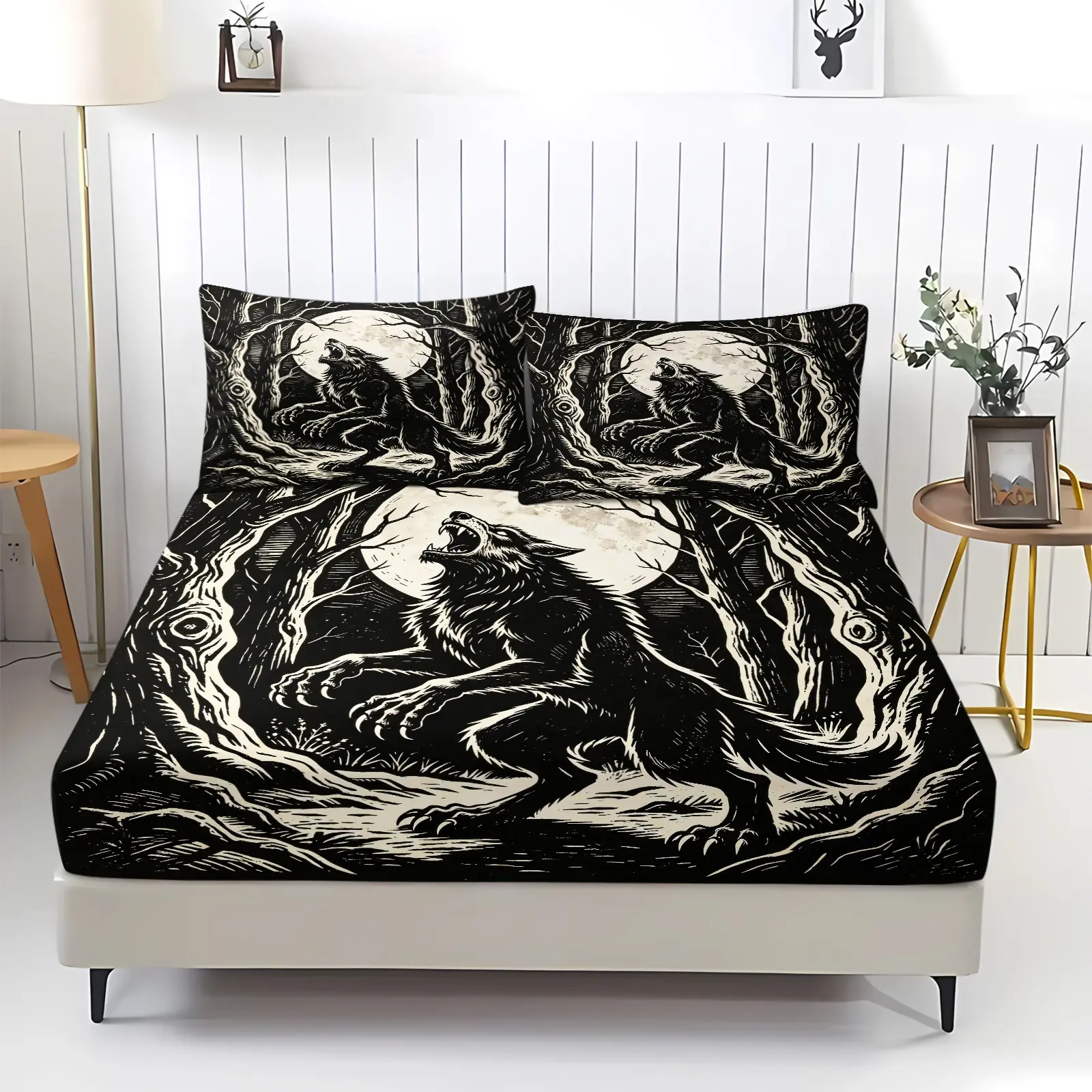3Pcs Howling Wolf Fitted Sheet Set, Vintage Woodcut Full Moon Forest Wolf Print Fitted Sheet & 2 Pillowcases, Soft Breathable 360°Elastic Bedding for Bedroom Dorm, Cozy Bed Sheets, Pillowcases Without Pillow Inserts