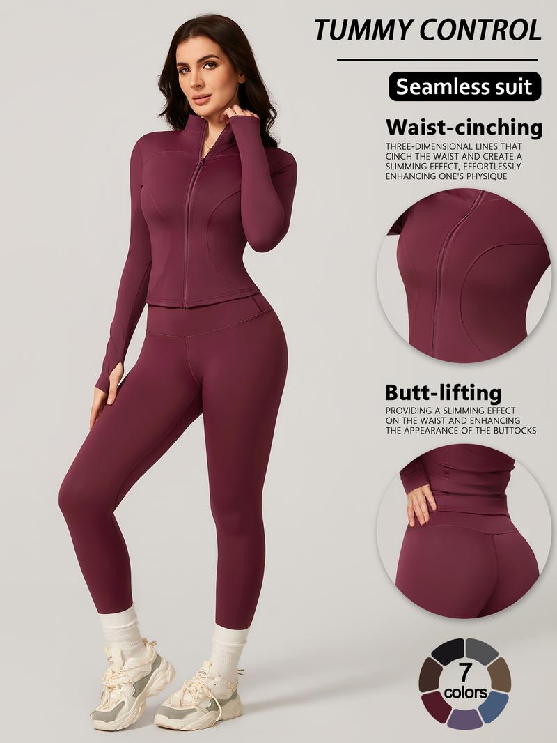 Women's Two-Piece Slim-Fitting Workout Set, Long Sleeve Top and Below-Ankle Sports Pants with Natural Waistline, All-Season Wearable Comfort Tracksuit Set
