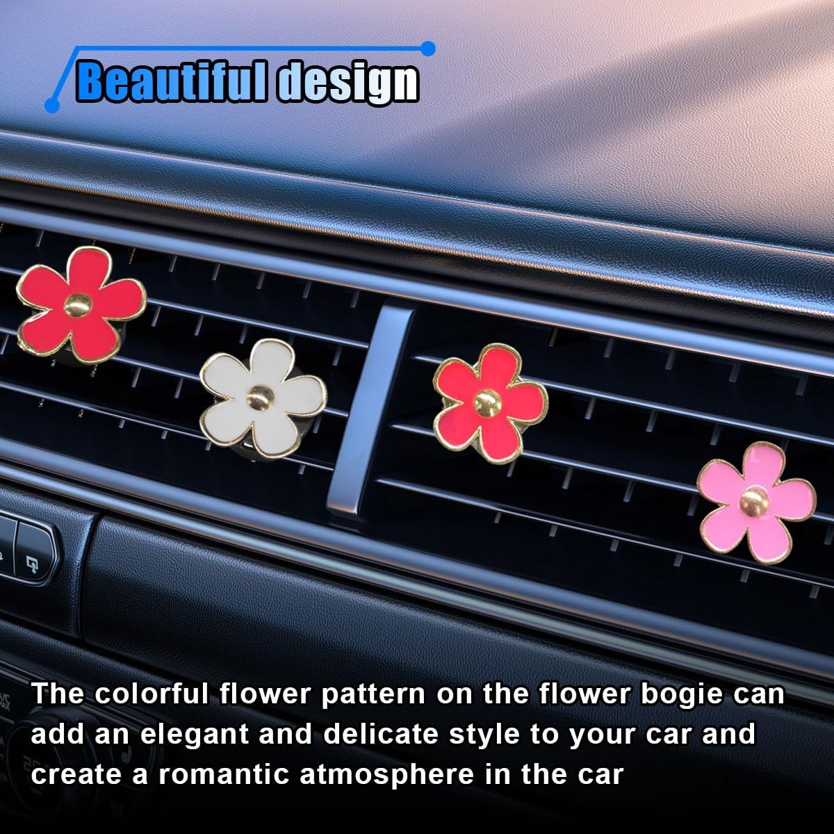 Cute Embroidery Flower Steering Wheel Cover, Non-Slip Floral Steering Wheel Protector with 4 count   Air Vent Clips,   Interior Decorations for Women Girls