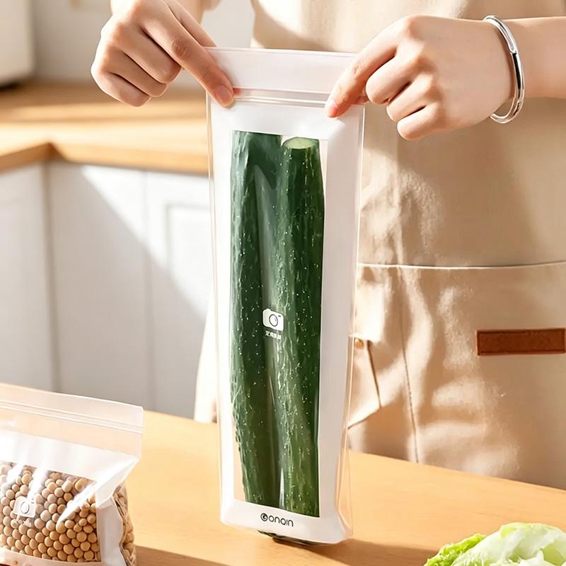 50pcs Grade PE Plastic Long Strip Storage Bags with Snap Buttons - Airtight Seal Kitchen Preserving Containers, Disposable Durable Transparent, Space-Saving for Refrigerator Fruits, Meat
