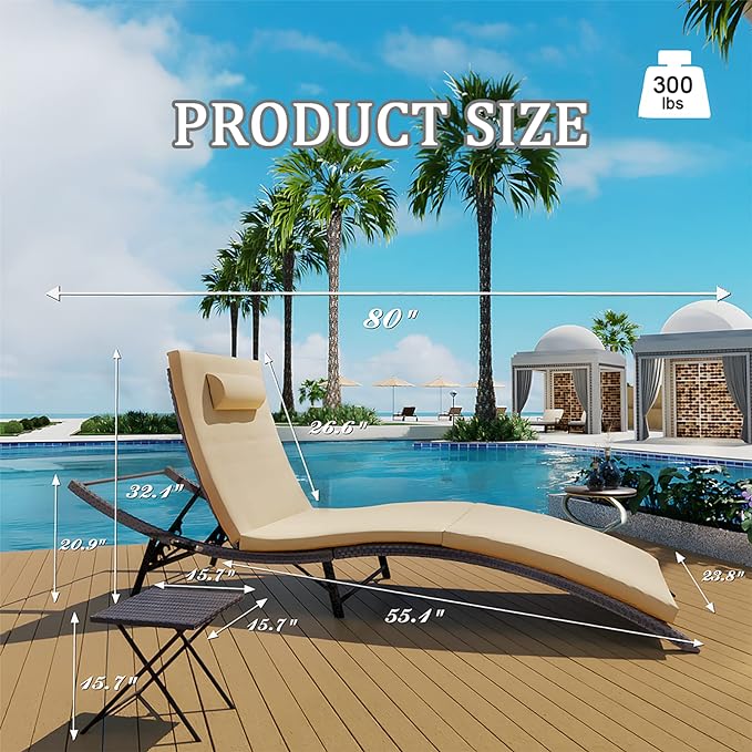 Kullavik Lounge Chair for Outside,3 Pieces Chaise Lounge Outdoor Folding Pool Lounge Chairs（with/without rattan arms）Including Table Rattan Patio Furniture Set