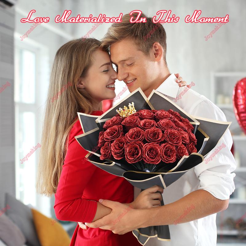 24/36 Pcs Valentine Gift Glitter Roses Bouquet Set DIY Fake Flowers Bouquet with 3D Butterflies Crowns Alphabet Stickers & Ribbons for Girlfriend Wife Mom Friend Women Gift Perfect for Valentine's Day Birthday Engagement Wedding Anniversaries Graduation