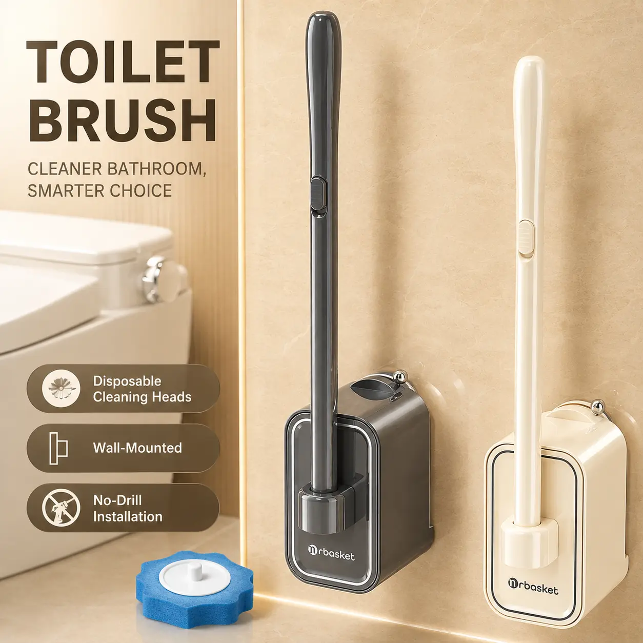 Disposable Wall-Mounted Toilet Brush Set, 24 Cleaner-Infused Refill Heads, No-Drill Vacuum Mount, 1-Button Release Toilet Bowl Cleaner