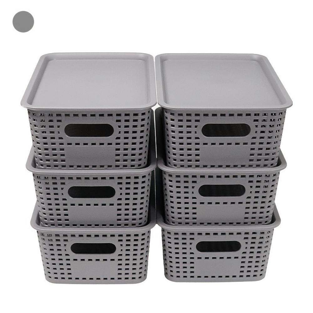 6-Piece Set of Plastic Storage Baskets with Lids (Black/White/Gray) — Stackable Decorative Organizer Bins for Shelves, Drawers, Desktops, Closets, Playrooms, Classrooms, and Offices