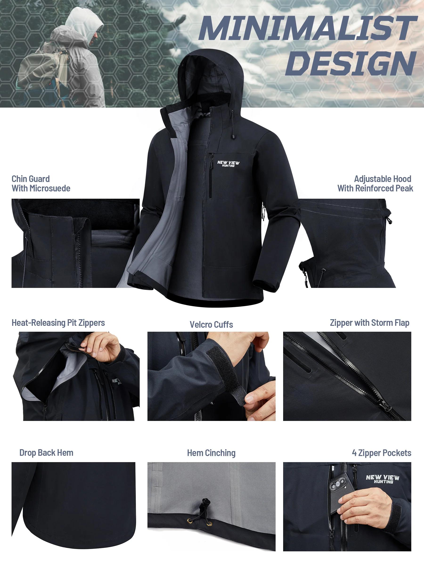 NEW VIEW Lightweight Rain Jackets for Men Waterproof with Hood, Hard Shell Stretch Rain Coat for Outdoor Travel