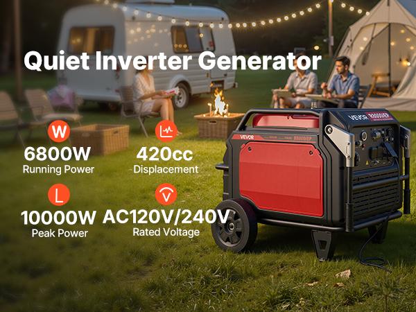 VEVOR Inverter Generator, 10000W Peak Watt 6800W Operating Watt Quiet Inverter Generator, Remote Start Inverters Generators for Home Outdoor, Gas Powered, Stable Power, CO Sensor, RV Ready 1A 2.1A Outlets, Long Run Time