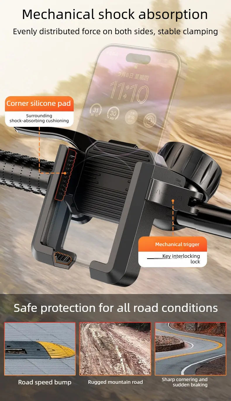 Anti-Shake Bicycle Handlebar Phone Mount Holder with Double Fix Pad, Silicone Pads, 360-Degree Adjustable, Tool-Free Install, Memory Lock, 1-Second Quick Release for Mountain Biking, Navigation Ride