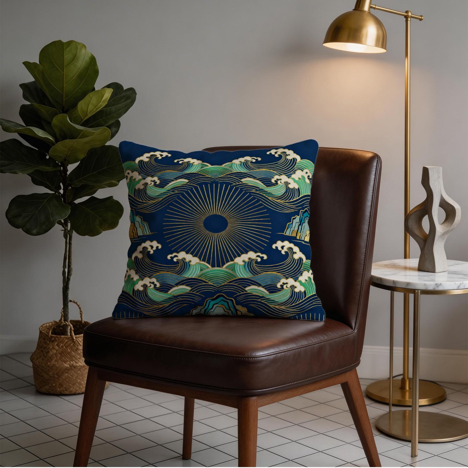 1 Piece Japanese Wave Sun Throw Pillow, Navy Blue Gold Foil Great Wave HD Digital Print Accent Pillow, Soft Plush Cushion with Hidden Zipper, Non-Fade Decor Pillow for Sofa Couch Bed, 18x18 Inch