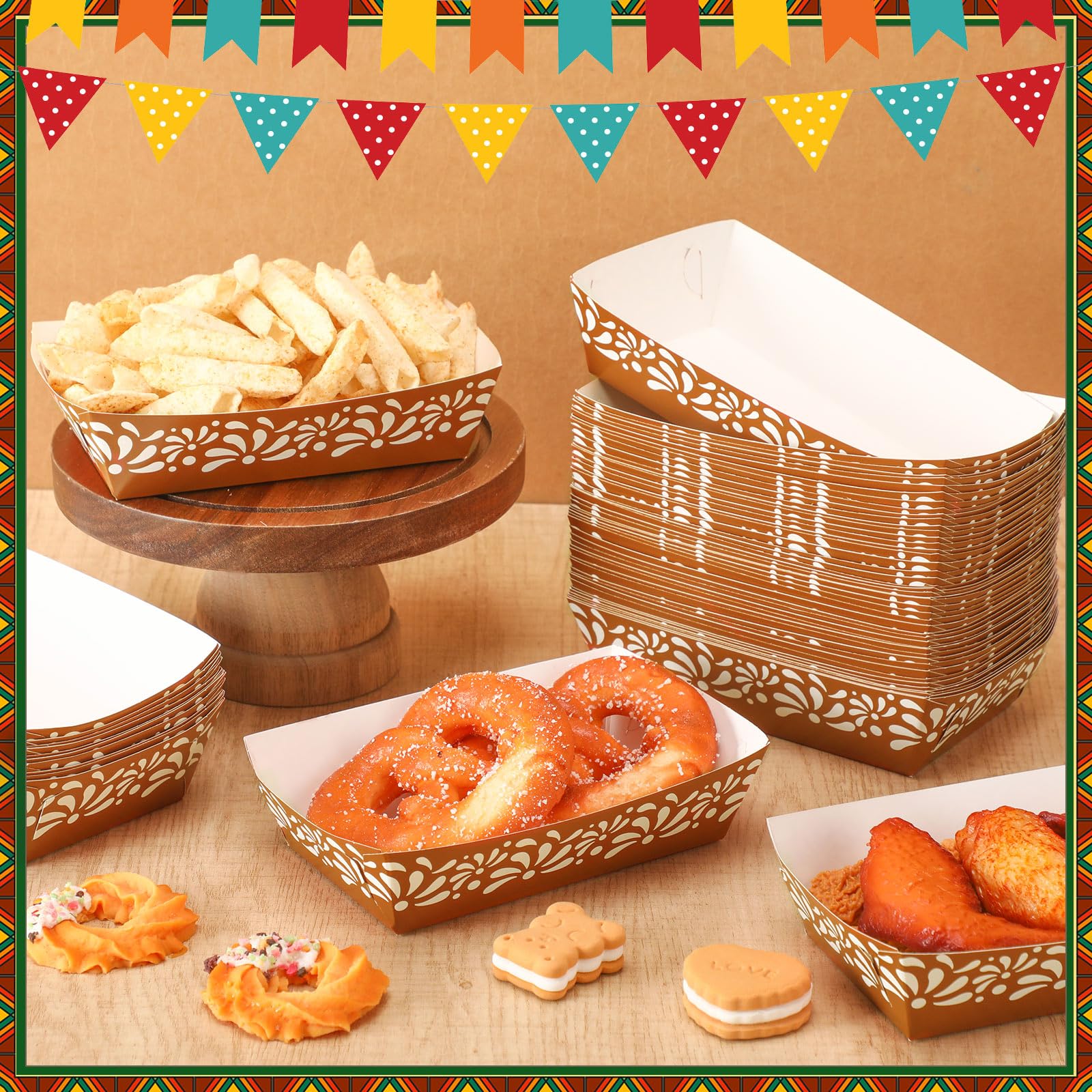 100 Pcs Mexican Paper Food Trays Cielito Lindo Snack Boats for Taco Tuesday Nacho Bar Fiesta Baby Shower Birthday Latino Family Gathering