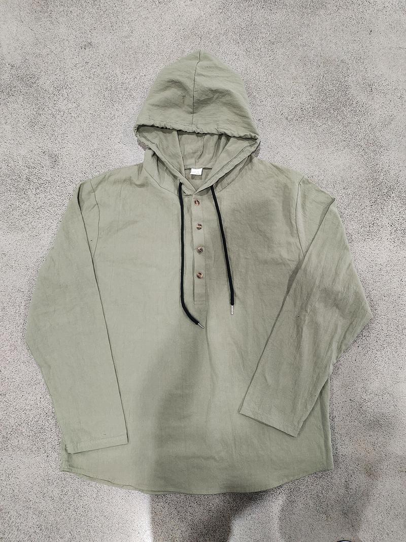 Men's Casual Long Sleeve Hooded Linen Shirt, Loose Fit Beachwear, Comfortable Breathable Spring Summer Vacation Clothing, Durable Daily Use