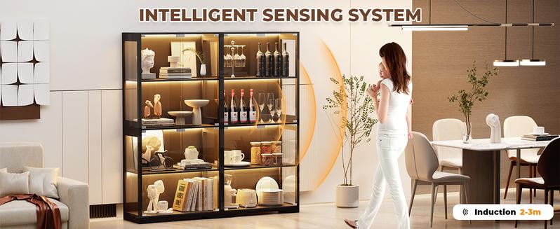 Brottar Display Cabinet with Glass Doors, Storage Cabinet with 3 Color Light, 4-Tier Curio Cabinet&Bookcase for Collectibles, Toys, Books, for Playroom, Bedroom, Study Room, Black