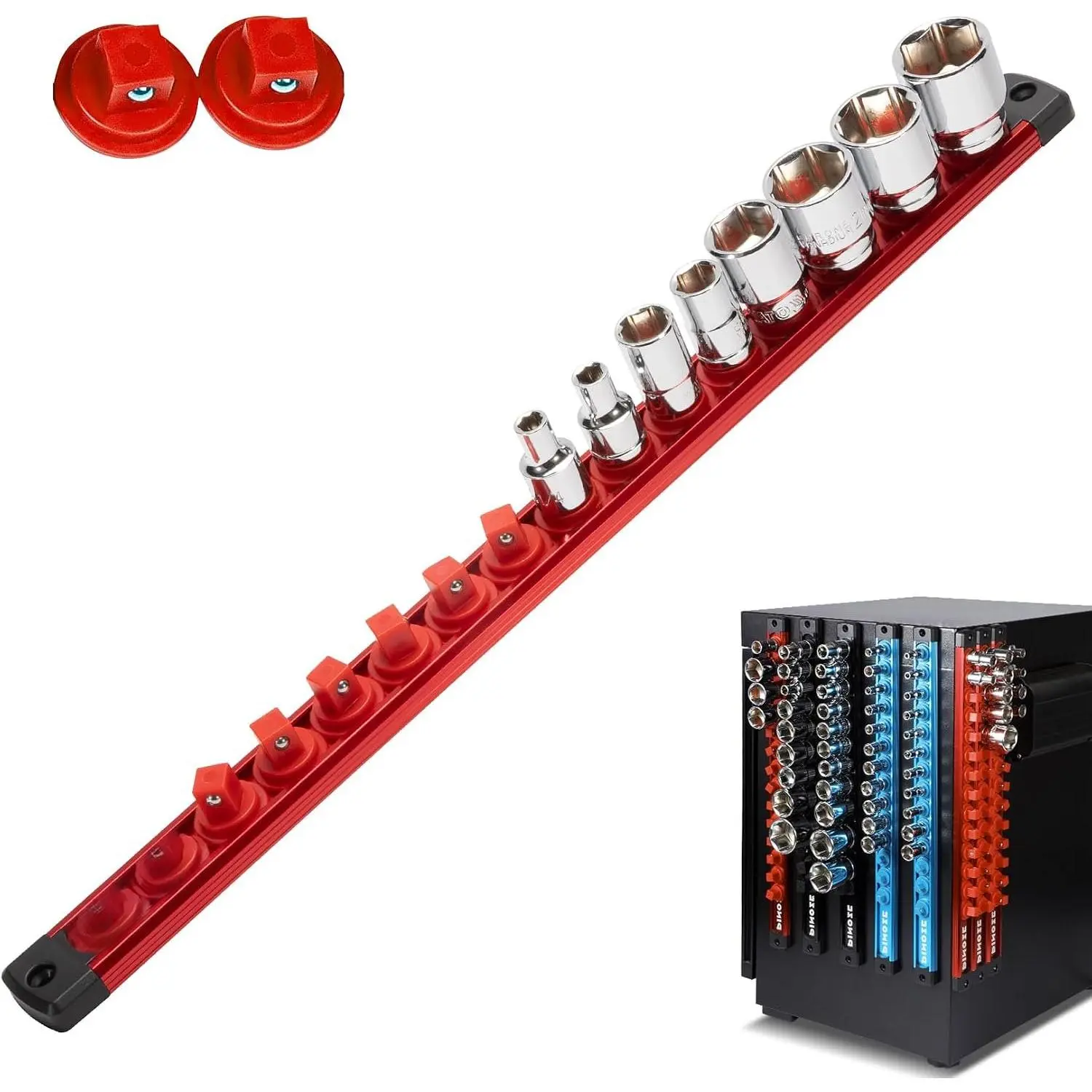 3/8"  Socket Holder Organizer -  Alloy Socket Rail Tray for Tool Box Drawer, Socket Rack with Extra 2 count  Clips for Automotive Garage(Red)