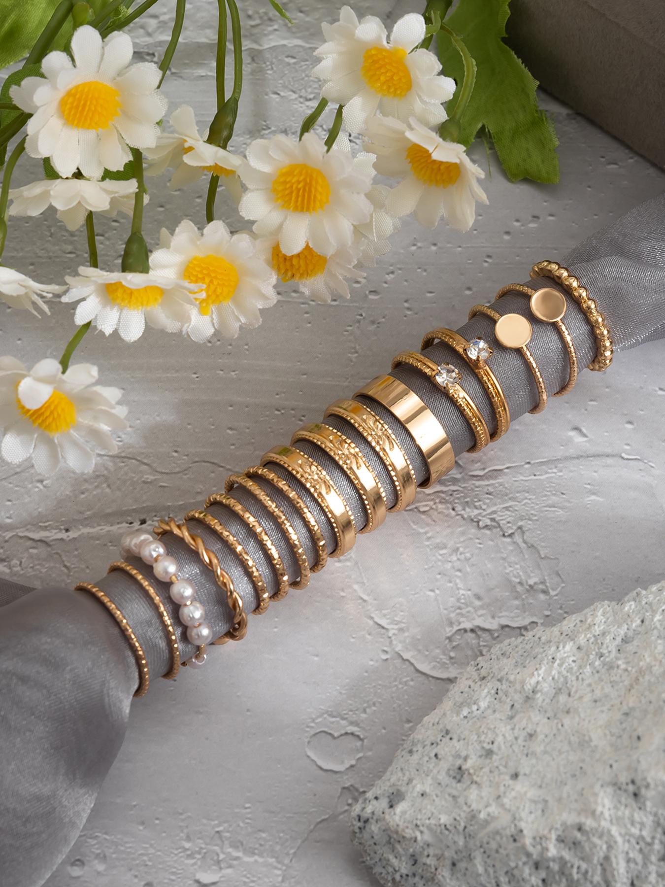 Women's 16pcs Rhinestones Faux Pearls Decor Ring Rhinestone Ring Set