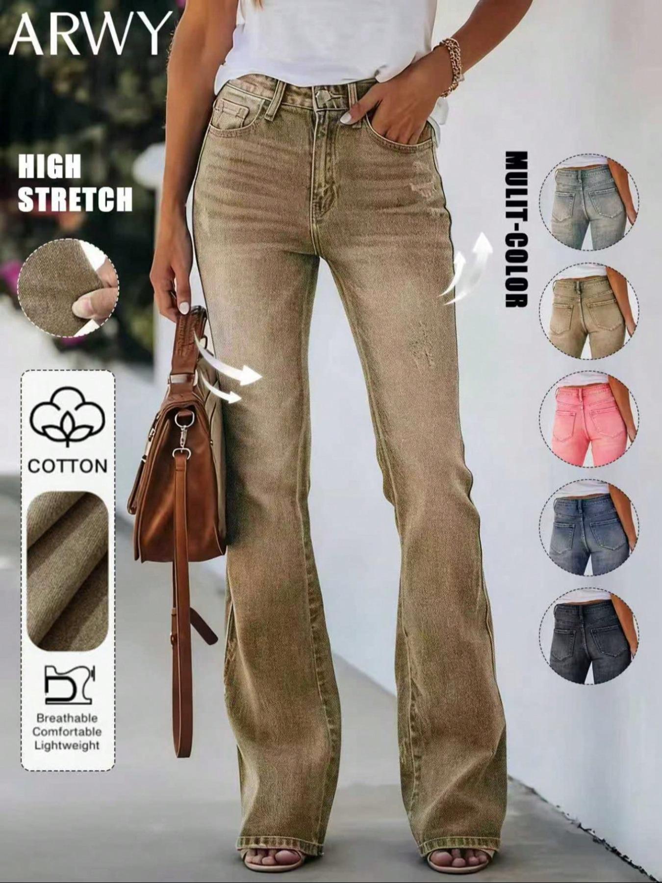 Women's Gradient-Color Slim-Fit Bootcut Jeans with Button, Fashion Mid-Rise Stretchy Washed Denim Pants, Bohemian Style for All Seasons