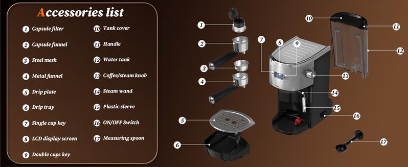 Espresso Coffee Maker Machine, 20 BAR Professional Espresso Maker with Milk Frother Steam Wand, 40-1/2 Oz Removable Water Tank, PCB Temperature Control, Compact Coffee Machine for Cappuccino, Latte,1350W