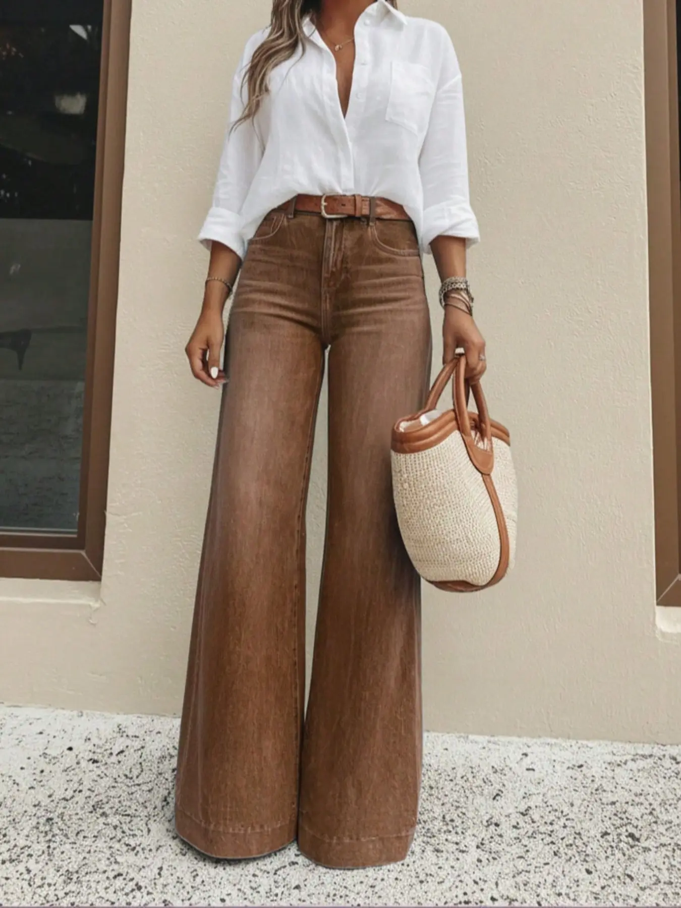 Women's High Waist Wide Leg Jeans, Basic Chic Vintage Light Wash Blue Denim Stretch Fabric, Butt Lifting Slimming, Loose Floor-Length, Casual Daily Wear Pants