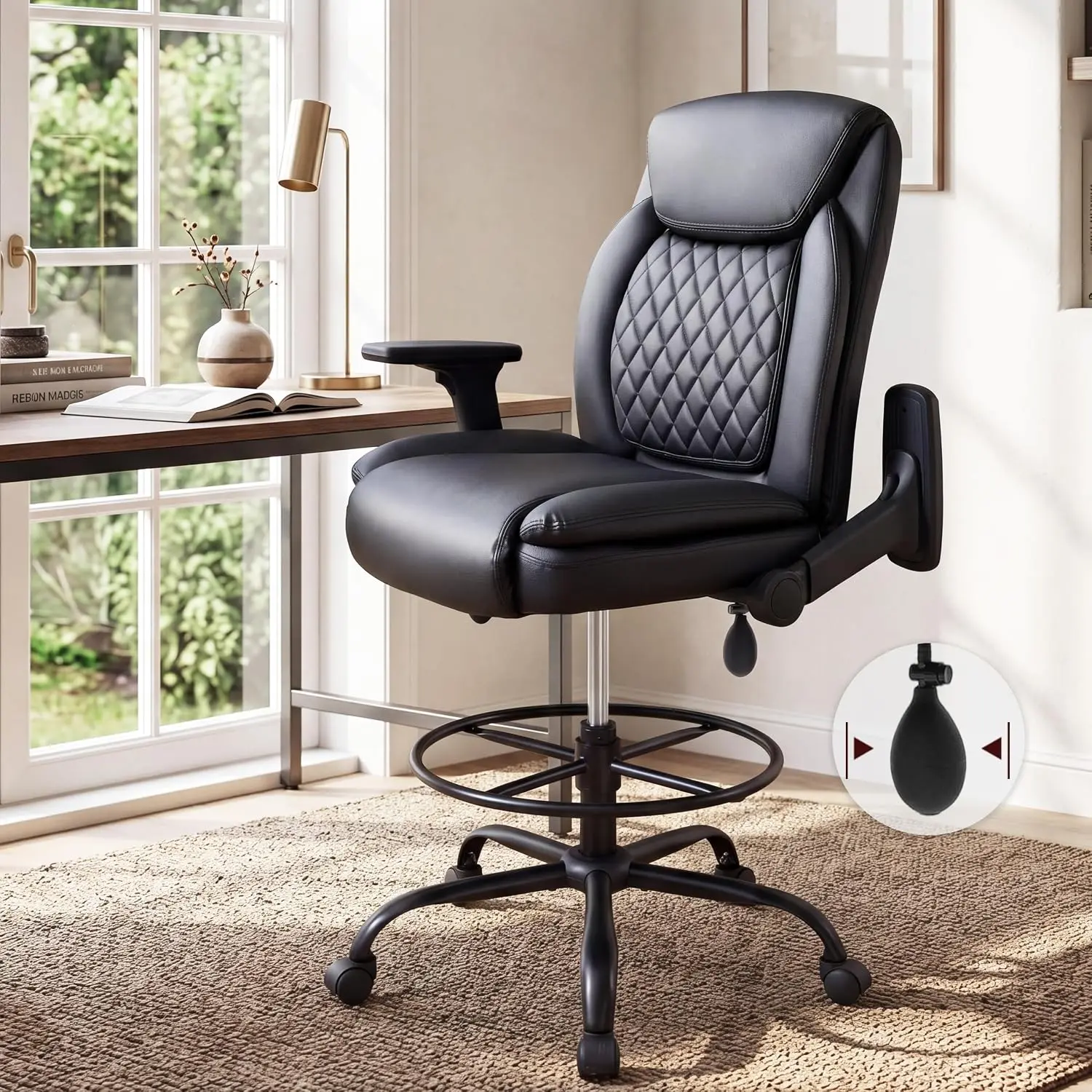 Drafting Chair,Executive Tall Office Chair Flip-up Armrests for Counter Height Desk Drawing Use,High Task Chair with Adjustable Foot Ring & Inflatable Lumbar Support, Swivel Computer Stool