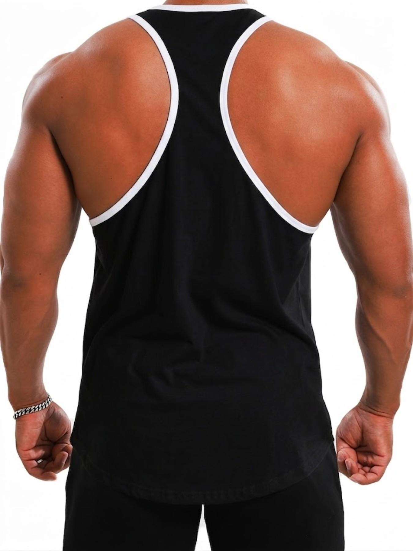 Men's Fitness X Logo Colorblock Tank Top, American Style Sporty Sleeveless T-Shirt, Weight Training Quick-Dry Breathable Shirt