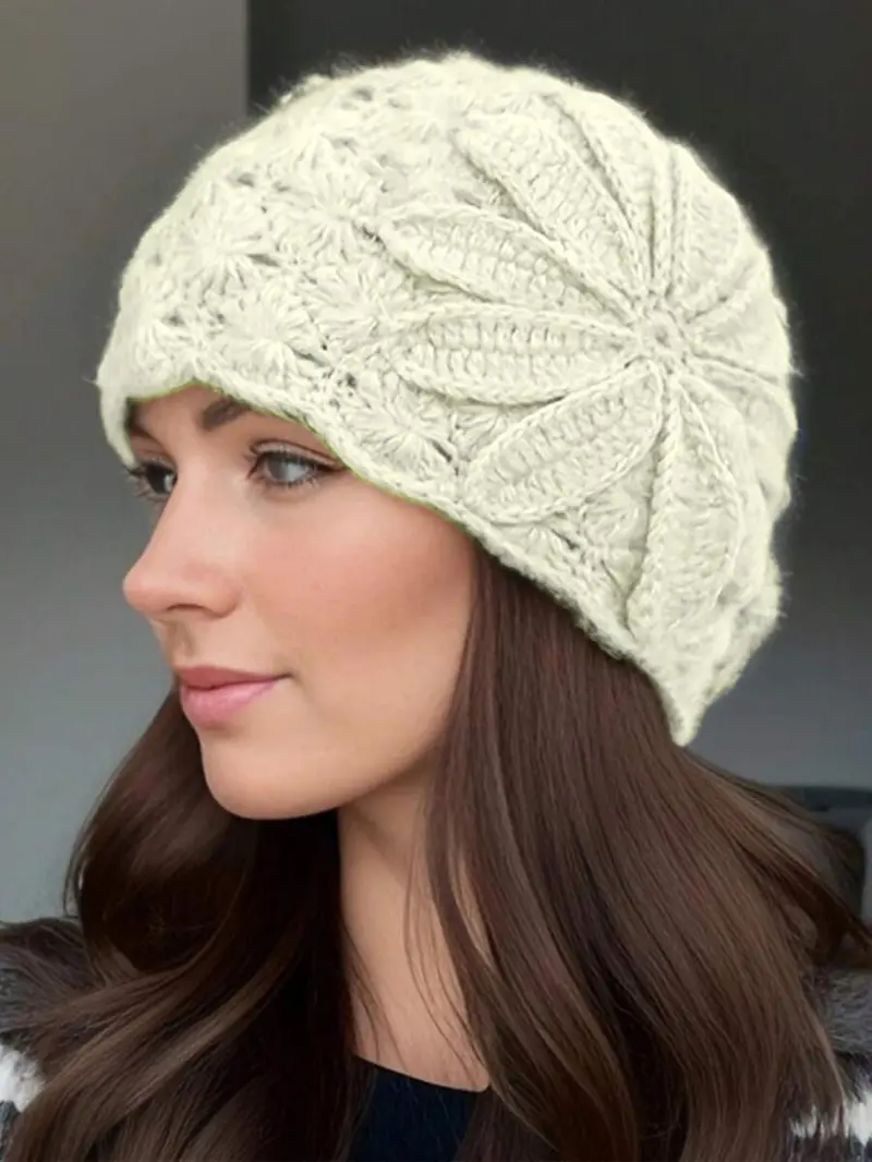 Vintage Floral Crochet Hat, Elegant Women's Knit Cap, Hollow Out Breathable Design, Fashion Accessory for All Seasons, Knitting Beanie, Knitted Cap, Casual Headwear