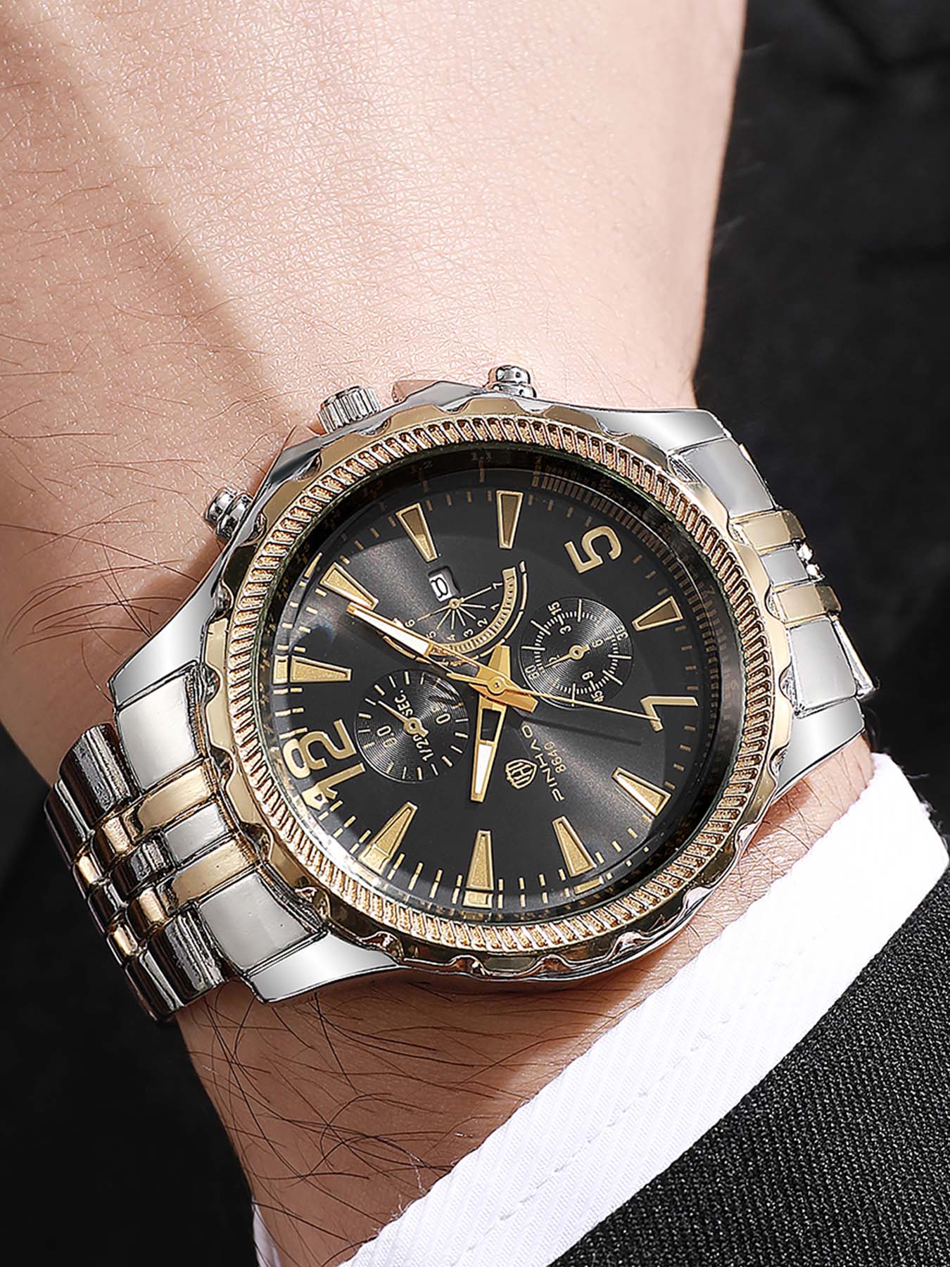 Men's Omega Business Large Dial Steel Band Multi-Function Digital Calendar Quartz Watch