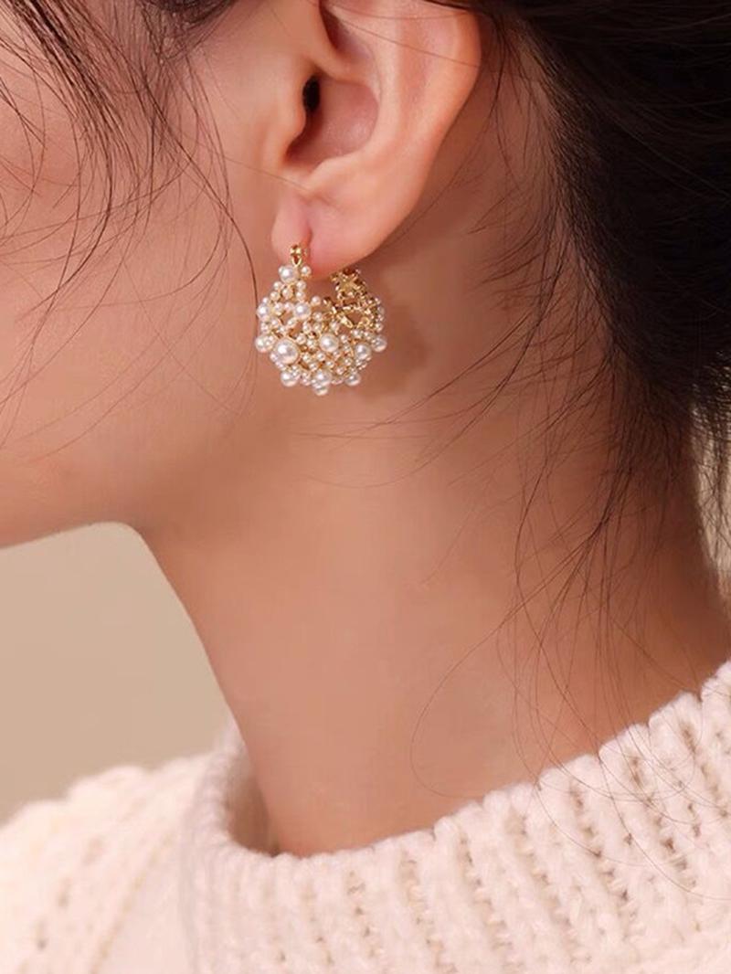 French Vintage Hollow Out Faux Pearl Basket Design Earrings, Fashionable Elegant Women's Daily Party Versatile Delicate Earings, Fashionable Hoop Earrings