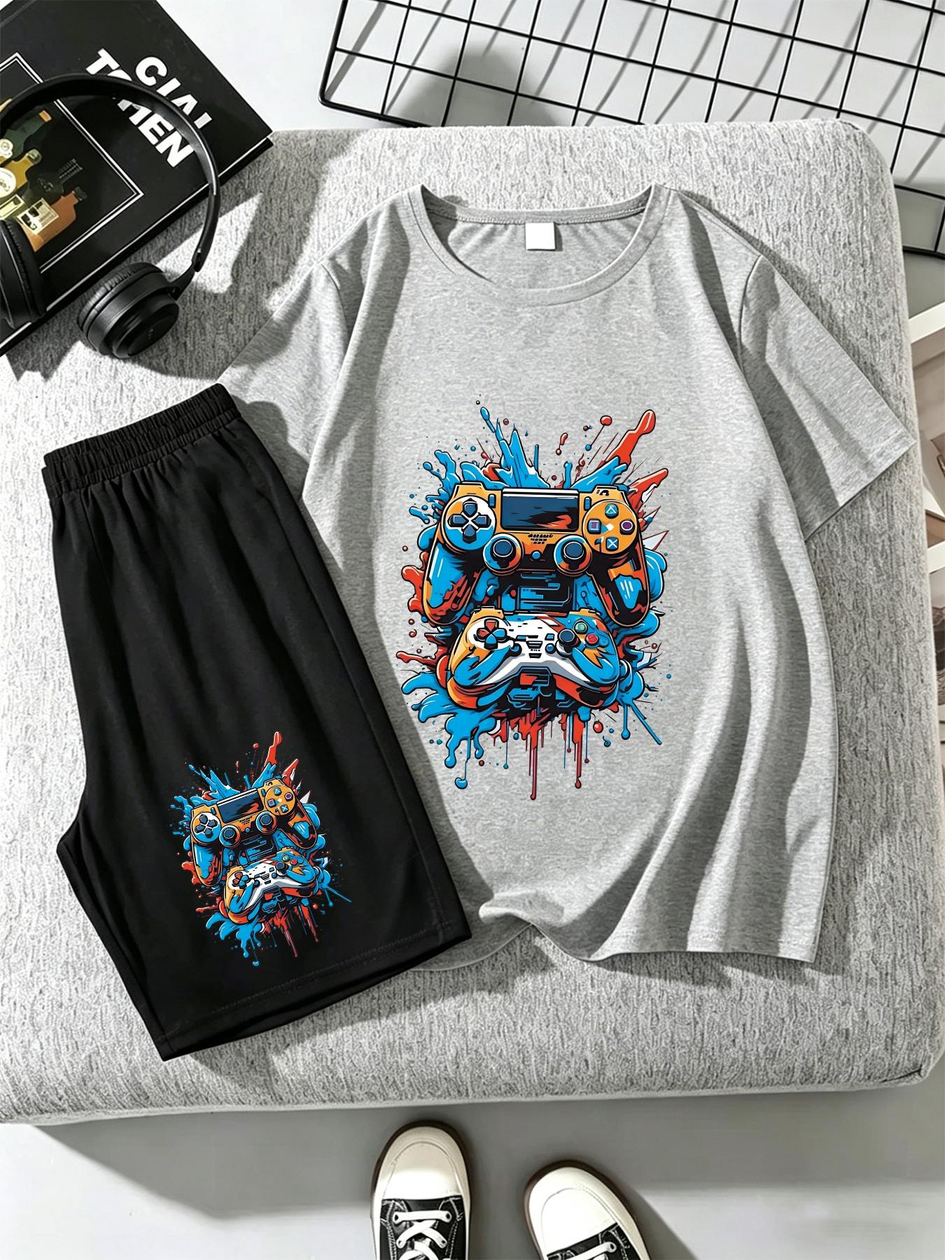 Boys Fashion Set, Creative Graffiti Earphone Print Short Sleeve and Shorts, Casual Loose-Fit, Comfortable Daily Wear, Kids Clothing