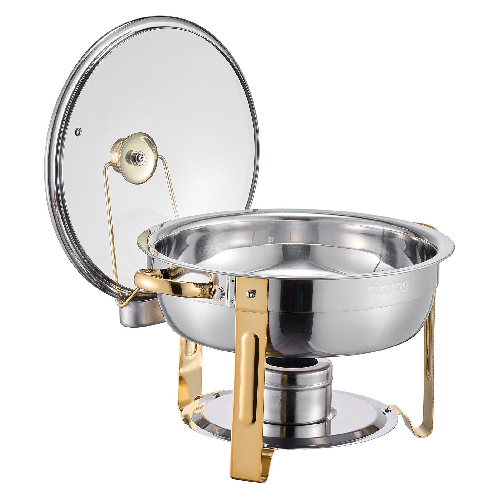 VEVOR 4-Piece Round Shape Stainless Steel Buffet Set, 5 Qt Full Size Stainless Steel Pans, Glass Lids, Water Pans, Folding Stands, Fuel Holders, Gold Catering Warmers for Wedding, Banquet
