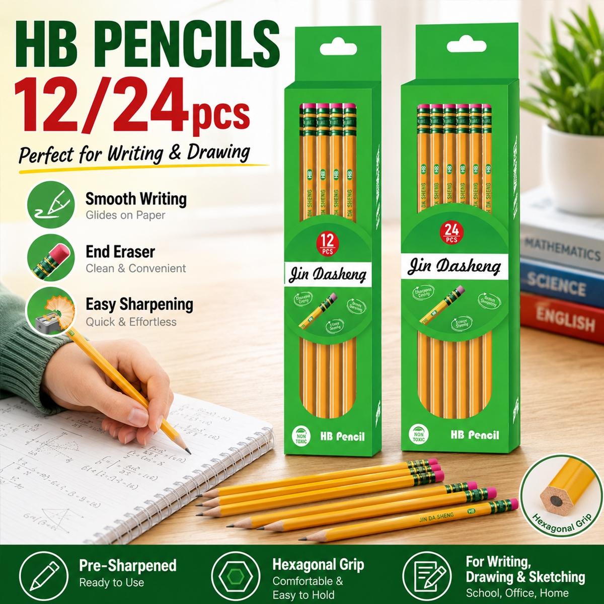 12/24PCS Pre-Sharpened HB Pencils Set, Yellow Hexagonal Wooden Writing Pencils with End Eraser, Smooth Graphite Lead, Easy Sharpening and Comfortable Grip for Students, School Supplies, Drawing, Sketching, Notes, Exams and Office Use
