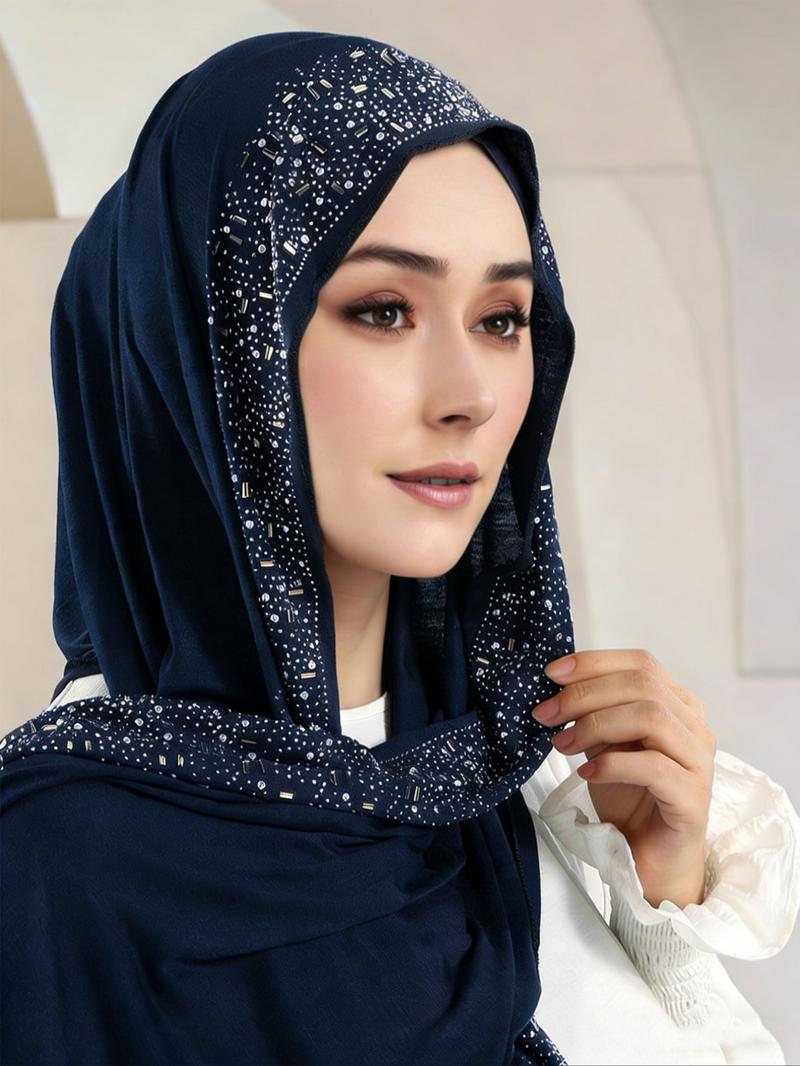 Women's Elegant Rhinestone Handmade Water Drill Headscarf Scarf, Soft Breathable Knitted Jersey Hijab Shawl Cap, All-Season Fashion Accessory