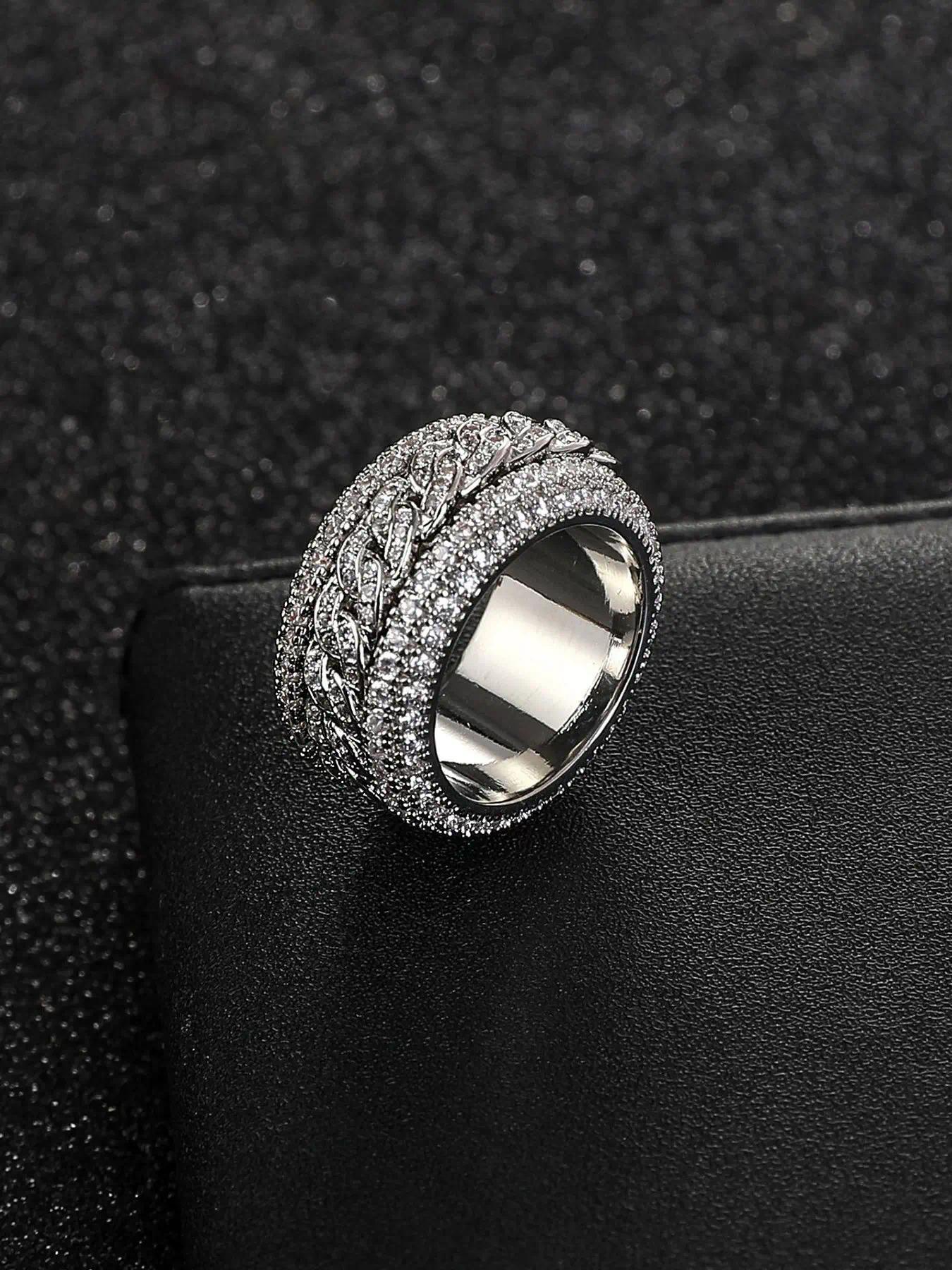 Fashion Hip-Hop Rock Ring - Diamond Rotating Stress-Relieving Cuban Ring, Pure Gold Plated Copper Material, 3A Grade Cubic Zirconia, Shiny Diamond Cuban Chain Ring, Micro Set Zirconia Ring - Gender-Neutral Punk Accessories, Gold and Silver Color