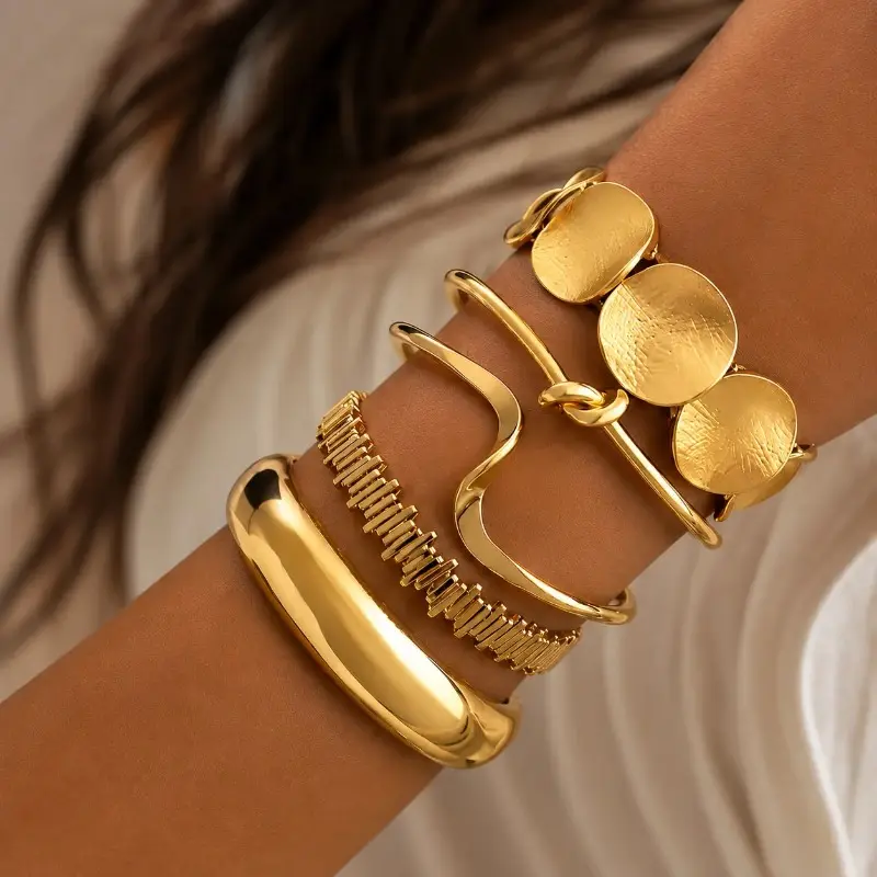 5Pcs Gold Plated Layered Knot Bangle Cuffs,  Boho Chunky Bracelets Jewelry Gift Set for Women, Goldplated Bracelet, Everyday Wear Bracelet