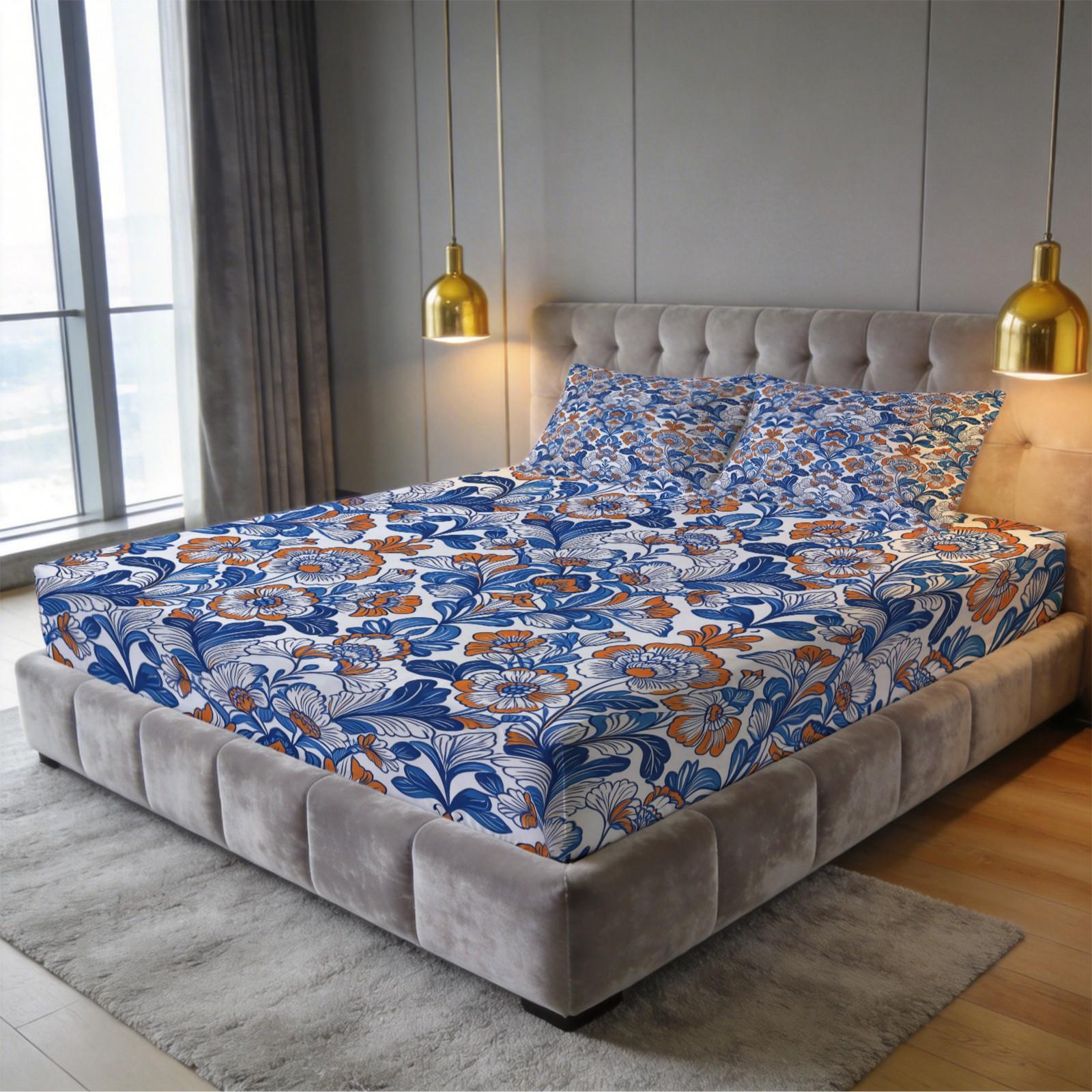 3 Piece Bohemian Blue Orange Floral Fitted Sheet Set, HD Digital Printed Bed Sheet Set, Deep Pocket Soft Bedding Set ( No Inserts) for Bedroom Decor