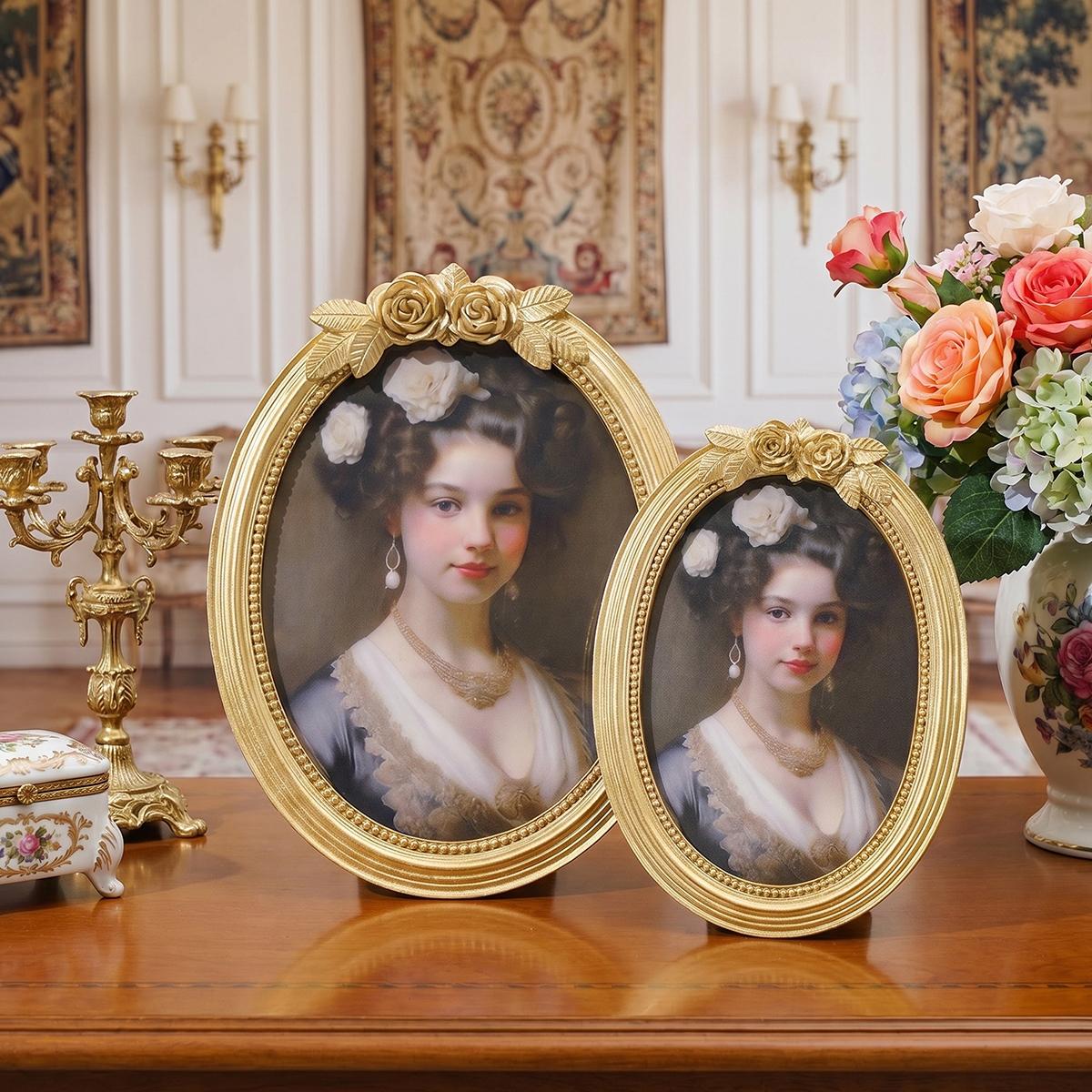 European Vintage Rose Carving Oval Photo Frame, Resin Material Hand-Painted, Home Decor for Bedroom, Living Room, Office