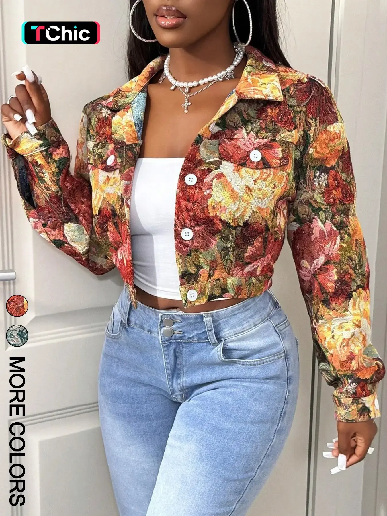 Women's Vintage Oil Painting Floral Short Jacket, Slim Fit Lapel Long Sleeve Coat, Fashionable Daily Commute, Essential Fall Winter Outerwear, Autumn Fashion Outerwear
