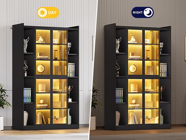 SEDETA 64 Inch Display Cabinet with Glass Doors 6 Tier Tall Bookcase with LED Lights Curio Cabinet with Adjustable Shelves