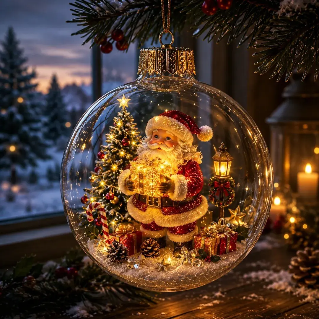 Light Up Christmas Globe Ornament 3.15 Inch, Acrylic LED Hanging Ball Decor with Santa Snowman Reindeer Christmas Tree Designs, Battery Operated Holiday Decorations for Tree, Window & Fireplace